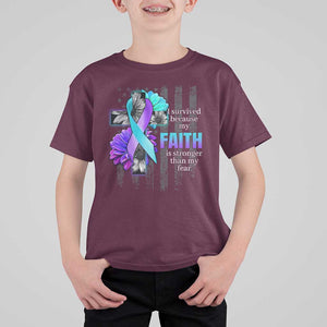 Suicide Prevention Awareness T Shirt For Kid I Survived Because My Faith Is Stronger Than My Fear Ribbon Flower USA Flag TS11 Maroon Print Your Wear