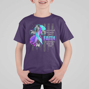 Suicide Prevention Awareness T Shirt For Kid I Survived Because My Faith Is Stronger Than My Fear Ribbon Flower USA Flag TS11 Purple Print Your Wear