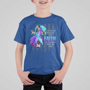 Suicide Prevention Awareness T Shirt For Kid I Survived Because My Faith Is Stronger Than My Fear Ribbon Flower USA Flag TS11 Royal Blue Print Your Wear