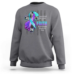 Suicide Prevention Awareness Sweatshirt I Survived Because My Faith Is Stronger Than My Fear Ribbon Flower USA Flag TS11 Charcoal Print Your Wear