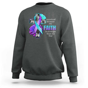 Suicide Prevention Awareness Sweatshirt I Survived Because My Faith Is Stronger Than My Fear Ribbon Flower USA Flag TS11 Dark Heather Print Your Wear