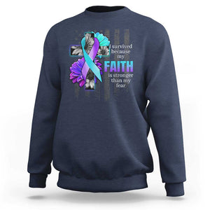 Suicide Prevention Awareness Sweatshirt I Survived Because My Faith Is Stronger Than My Fear Ribbon Flower USA Flag TS11 Navy Print Your Wear