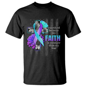 Suicide Prevention Awareness T Shirt I Survived Because My Faith Is Stronger Than My Fear Ribbon Flower USA Flag TS11 Black Print Your Wear