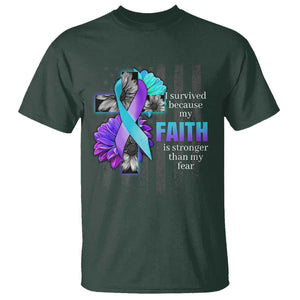 Suicide Prevention Awareness T Shirt I Survived Because My Faith Is Stronger Than My Fear Ribbon Flower USA Flag TS11 Dark Forest Green Print Your Wear