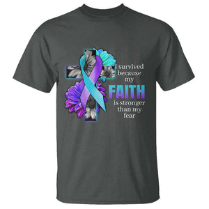 Suicide Prevention Awareness T Shirt I Survived Because My Faith Is Stronger Than My Fear Ribbon Flower USA Flag TS11 Dark Heather Print Your Wear