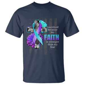 Suicide Prevention Awareness T Shirt I Survived Because My Faith Is Stronger Than My Fear Ribbon Flower USA Flag TS11 Navy Print Your Wear