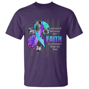 Suicide Prevention Awareness T Shirt I Survived Because My Faith Is Stronger Than My Fear Ribbon Flower USA Flag TS11 Purple Print Your Wear