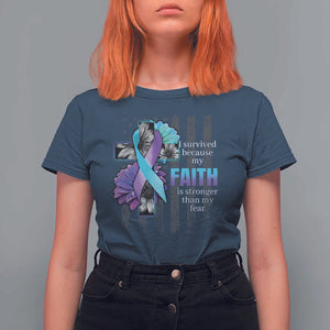 Suicide Prevention Awareness T Shirt For Women I Survived Because My Faith Is Stronger Than My Fear Ribbon Flower USA Flag TS11 Navy Print Your Wear