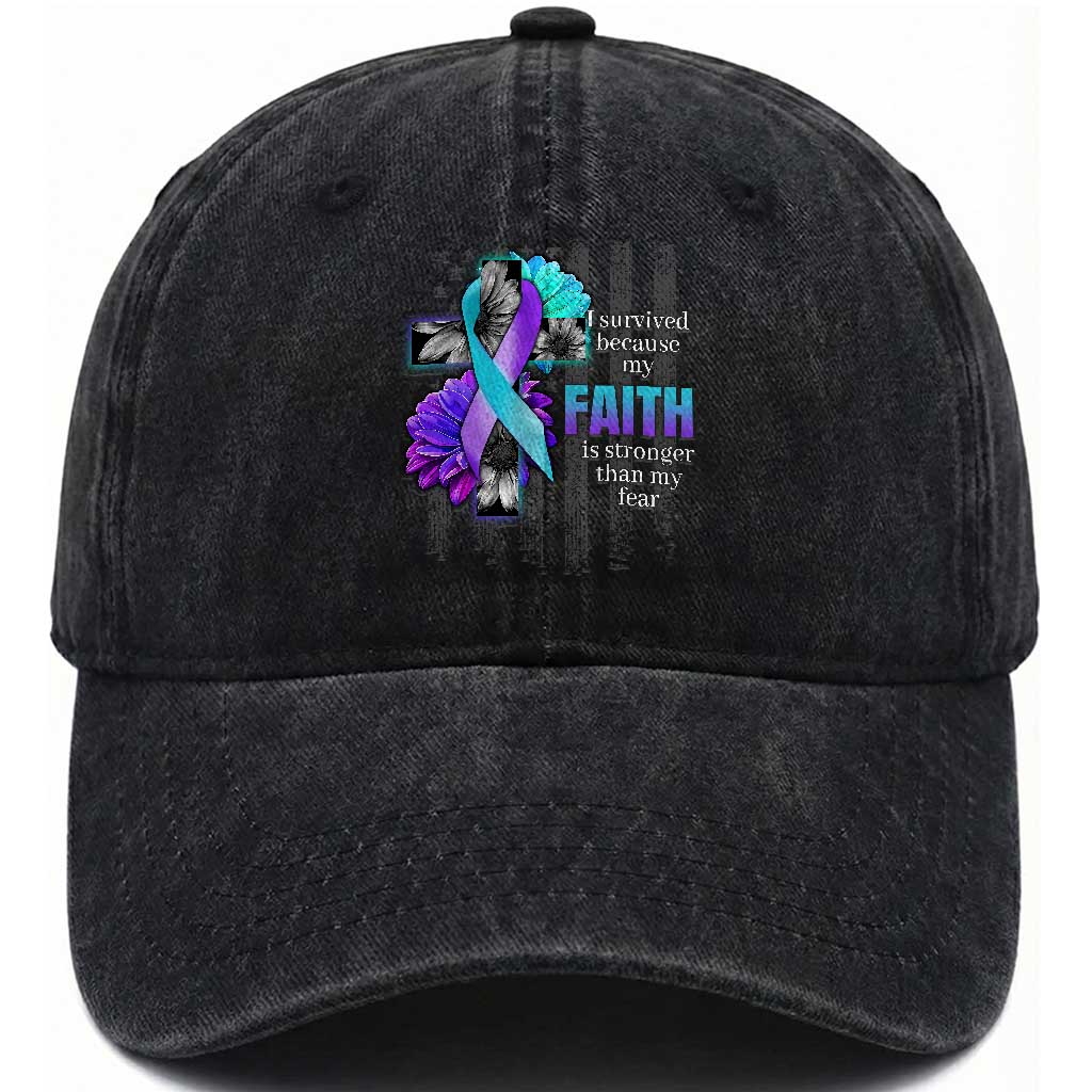 Suicide Prevention Awareness Washed Cotton Baseball Cap I Survived Because My Faith Is Stronger Than My Fear Ribbon Flower USA Flag TS11 Print Your Wear