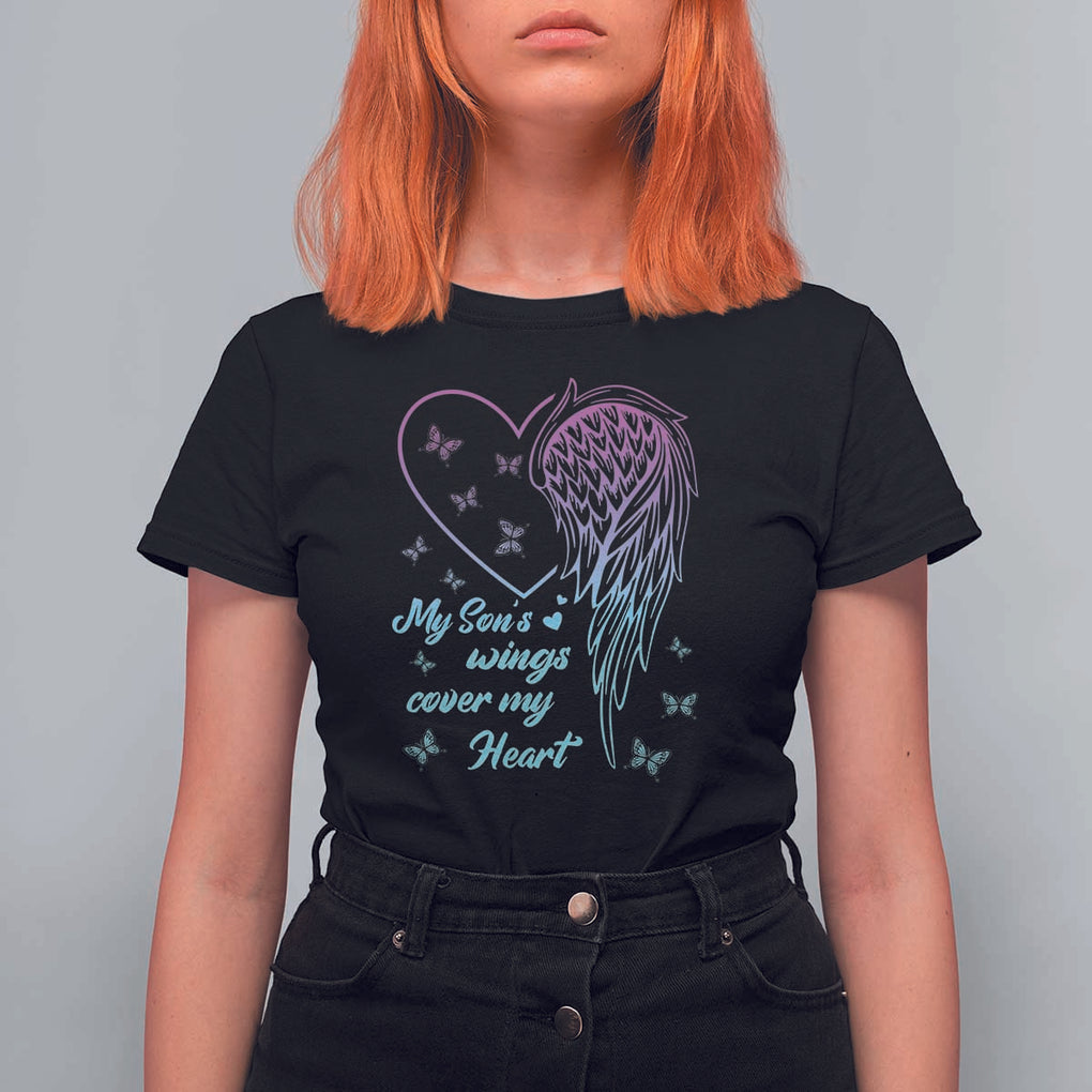 Suicide Prevention Awareness T Shirt For Women My Son's Wings Cover My Heart Butterfly TS11 Black Print Your Wear