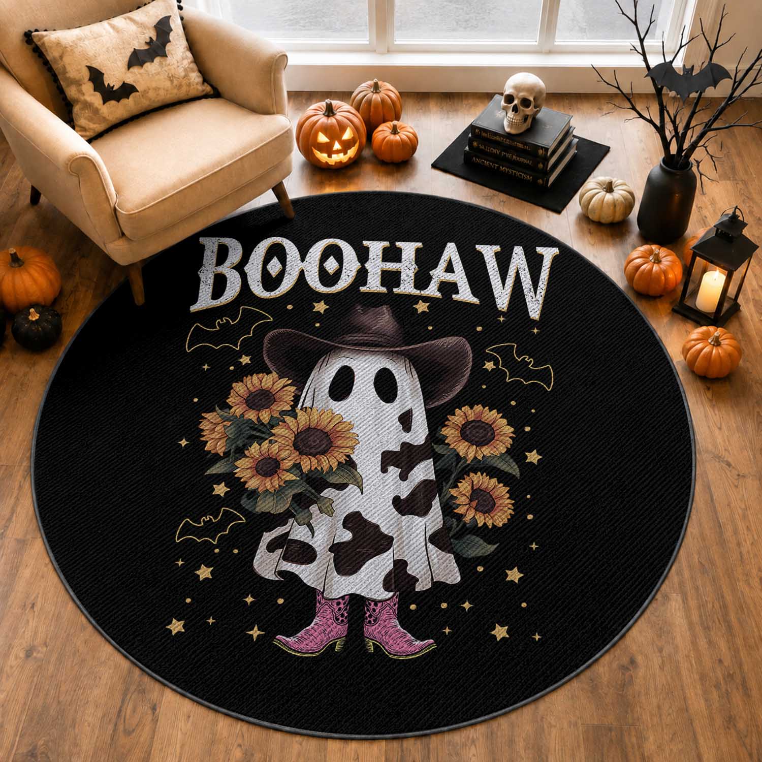 Funny Boohaw Halloween Western Cowboy Ghost Round Rug