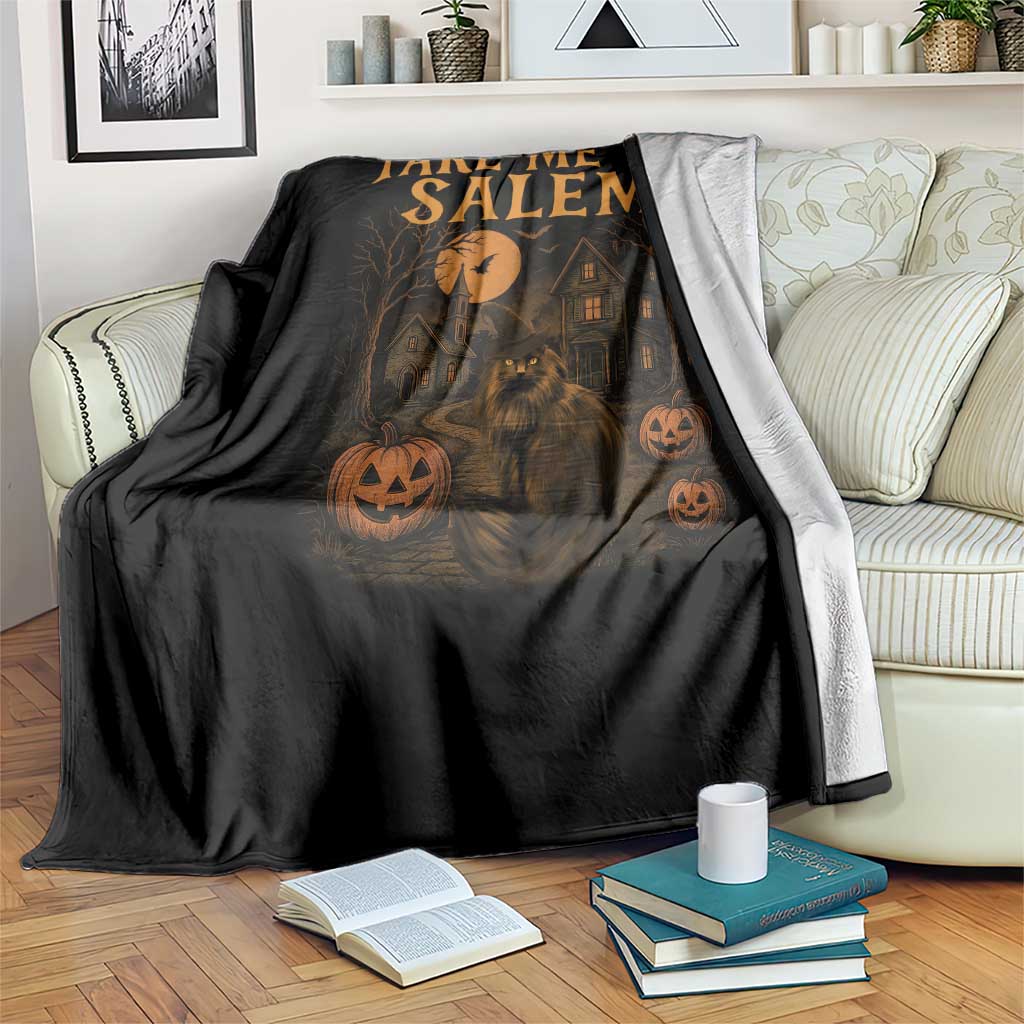 Take Me To Salem Throw Blanket Halloween Witch Salem Trip Black Cat Spooky Season TS11 Print Your Wear