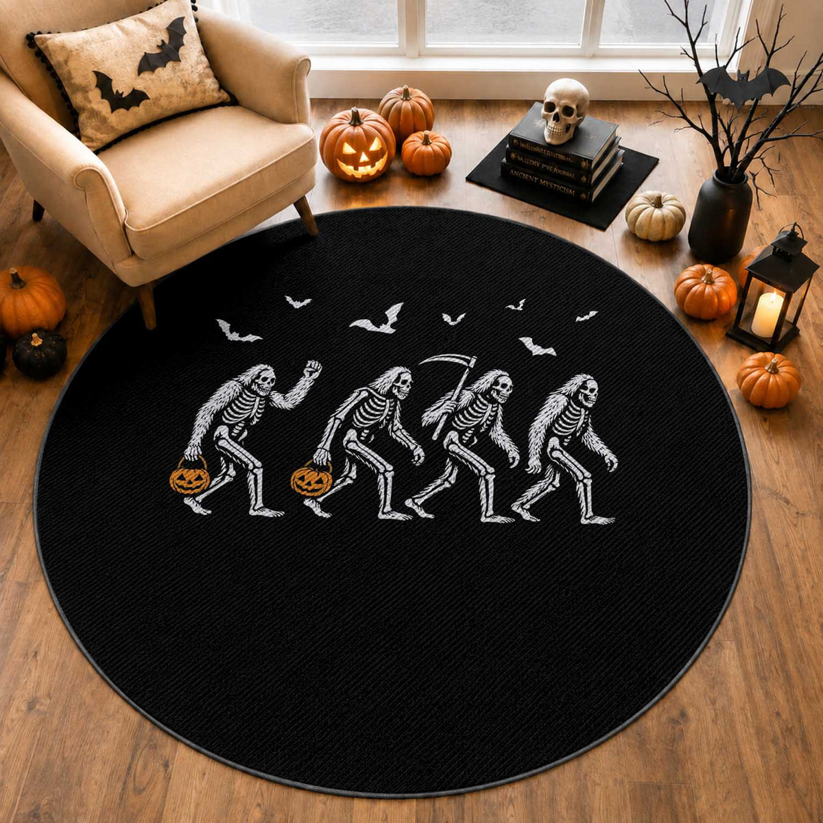 Funny Halloween Bigfoot Round Rug Skeleton Sasquatch Jack O Lantern