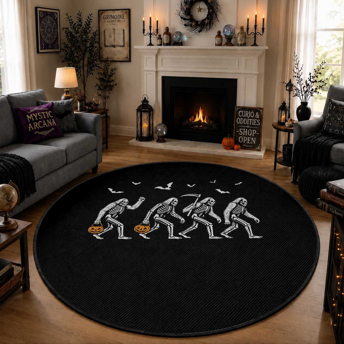 Funny Halloween Bigfoot Round Rug Skeleton Sasquatch Jack O Lantern