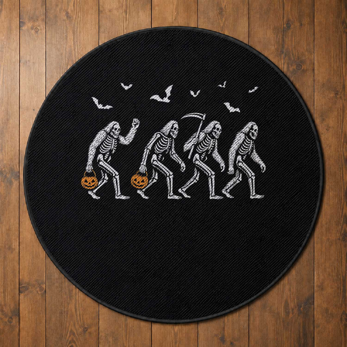 Funny Halloween Bigfoot Round Rug Skeleton Sasquatch Jack O Lantern