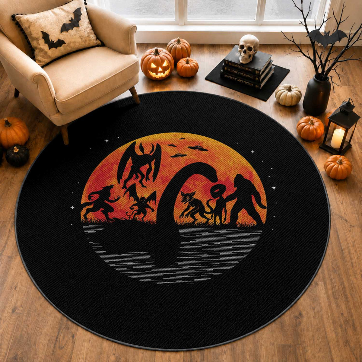 Funny Halloween Cryptid Folklore Bigfoot Alien Mothman Round Rug