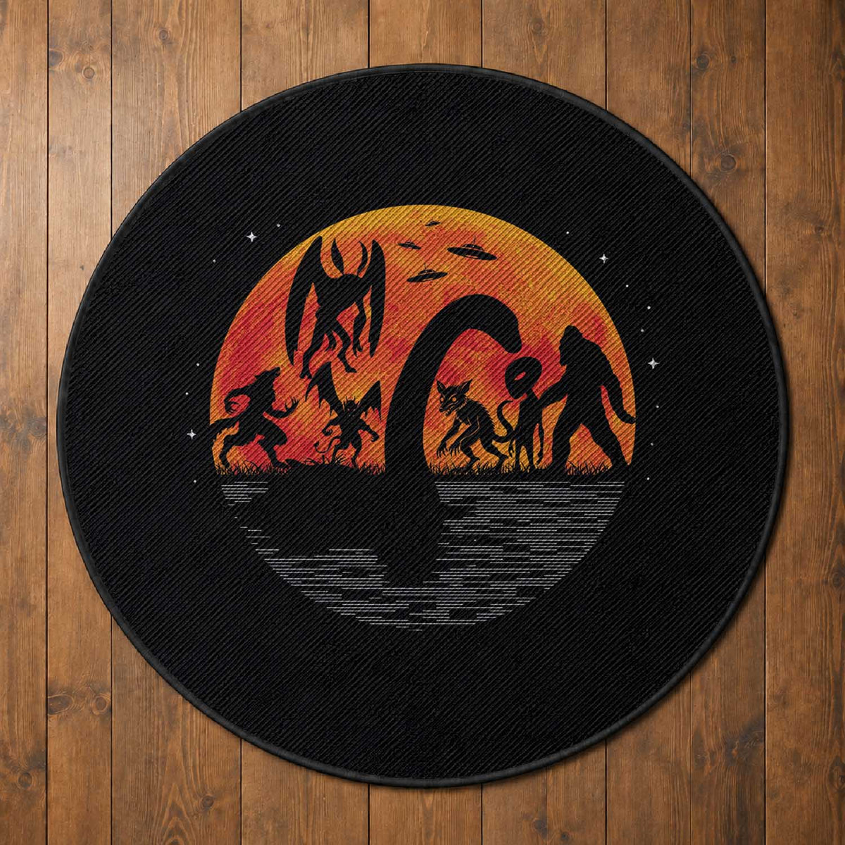 Funny Halloween Cryptid Folklore Bigfoot Alien Mothman Round Rug