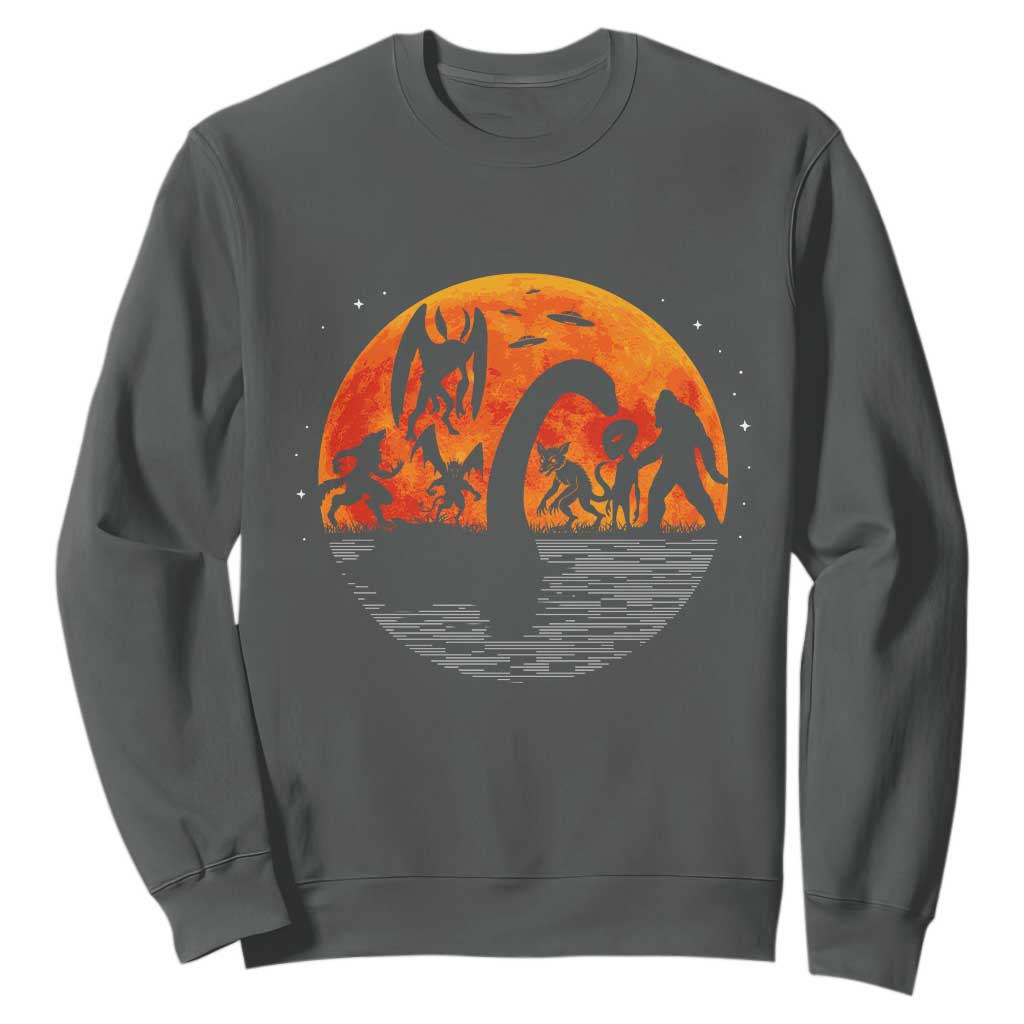 Funny Halloween Cryptid Folklore Bigfoot Alien Mothman Sweatshirt TS11 Dark Heather Print Your Wear