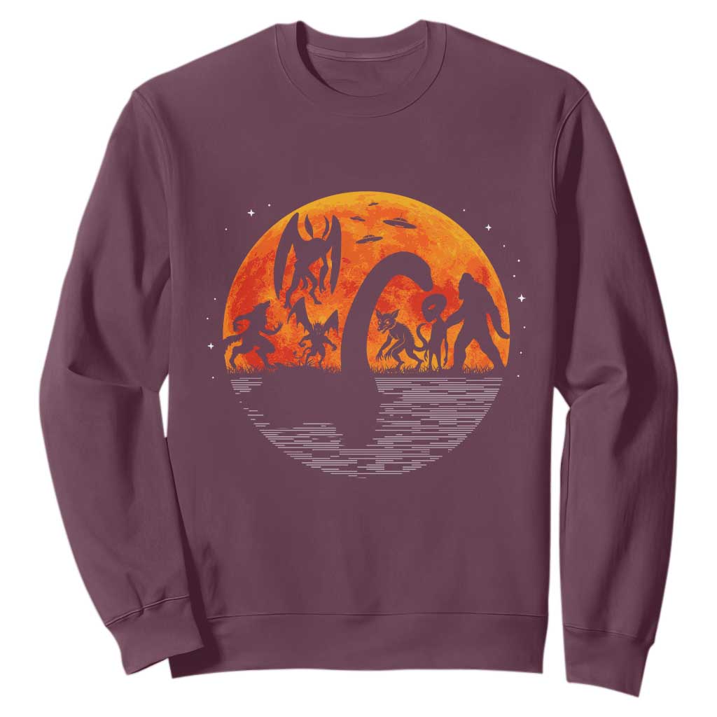 Funny Halloween Cryptid Folklore Bigfoot Alien Mothman Sweatshirt TS11 Maroon Print Your Wear