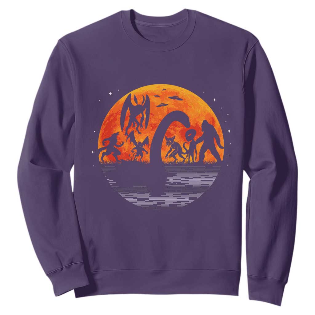 Funny Halloween Cryptid Folklore Bigfoot Alien Mothman Sweatshirt TS11 Purple Print Your Wear