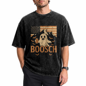 Funny Ghost Boosch Beer Halloween Washed Cotton T-Shirt Vintage American Flag