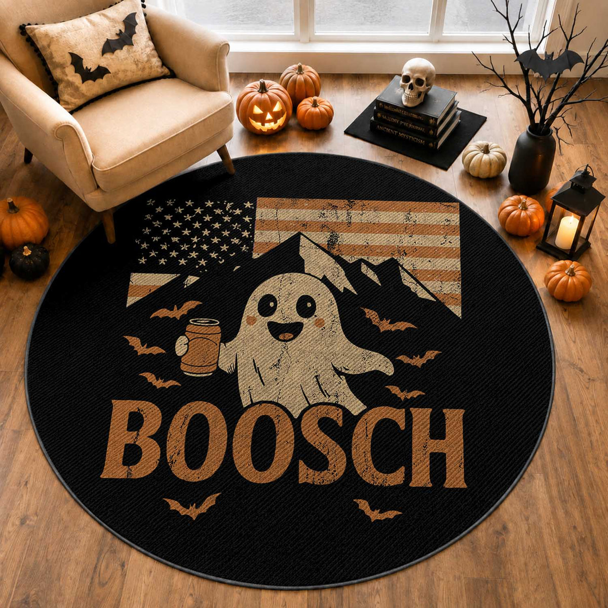 Funny Ghost Boosch Beer Halloween Round Rug Vintage American Flag