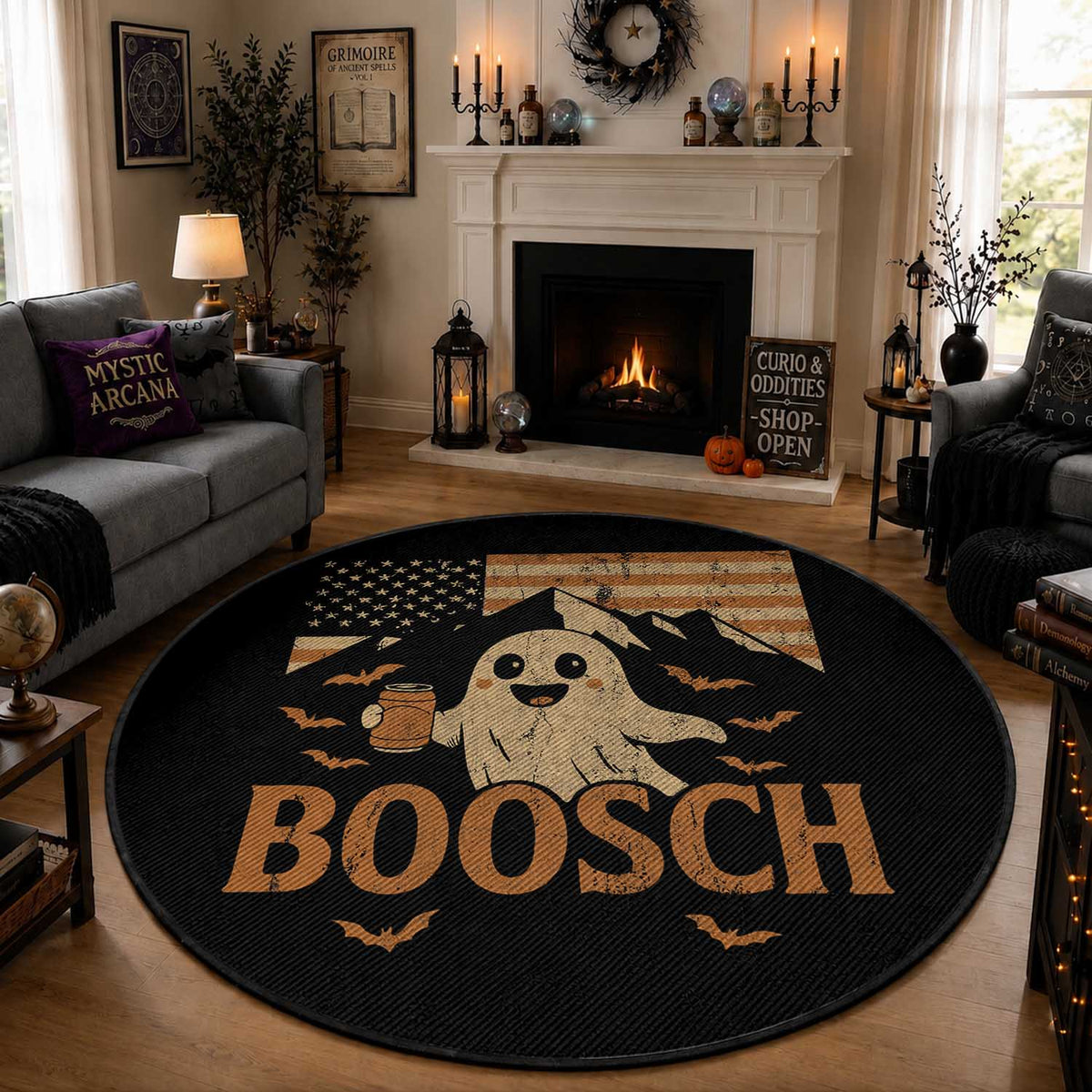 Funny Ghost Boosch Beer Halloween Round Rug Vintage American Flag