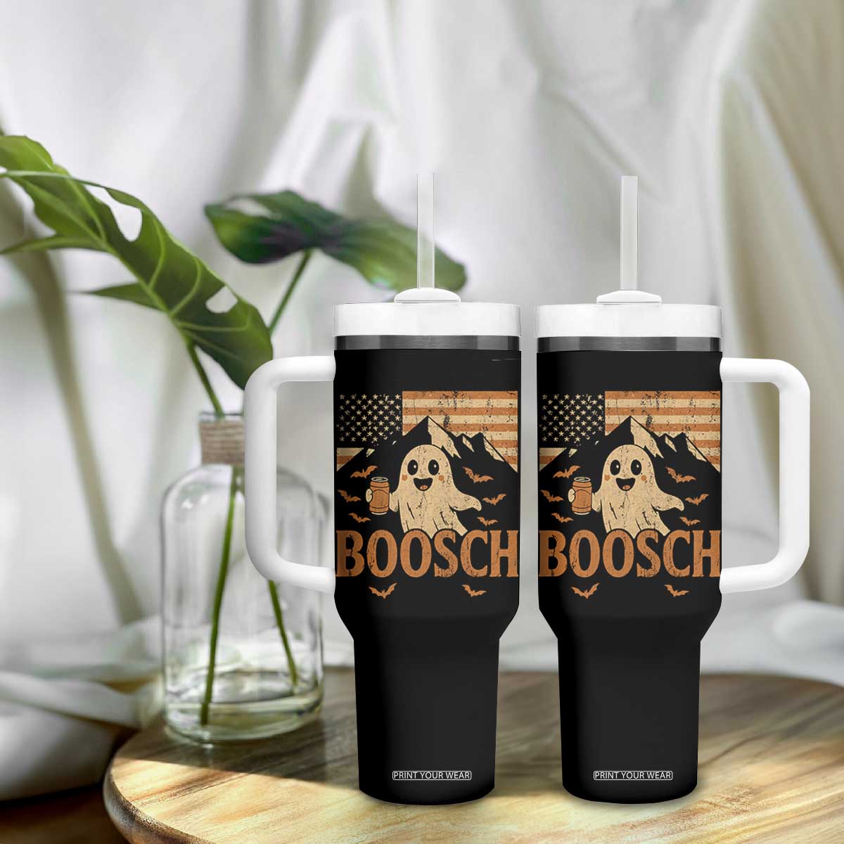 Funny Ghost Boosch Beer Halloween Tumbler With Handle Vintage American Flag TS11 Print Your Wear