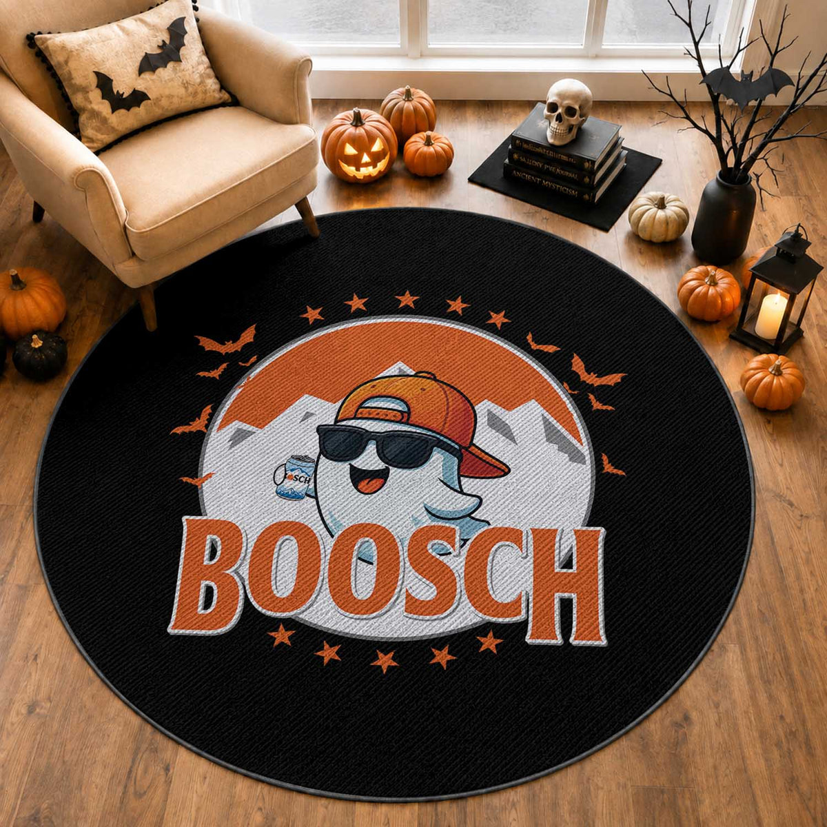 Funny Ghost Boosch Beer Halloween Round Rug Mountain Bat