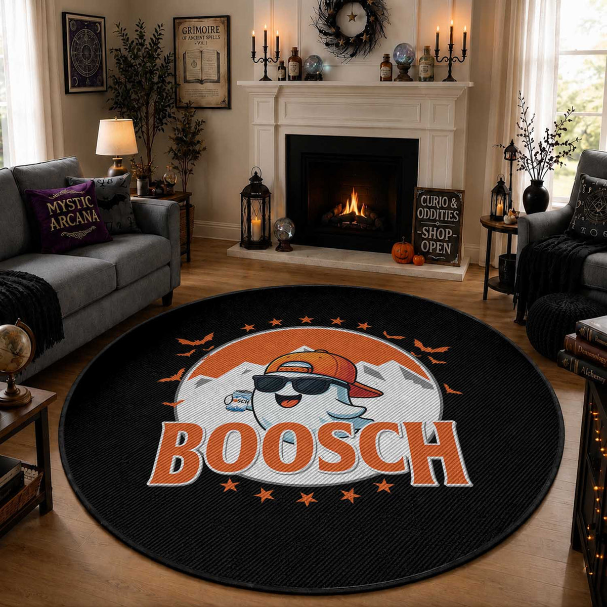 Funny Ghost Boosch Beer Halloween Round Rug Mountain Bat