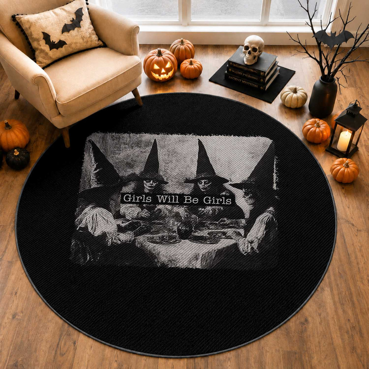 Funny Witch Girls Will Be Girls Round Rug Feminist Halloween