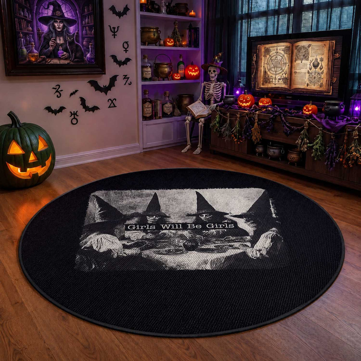 Funny Witch Girls Will Be Girls Round Rug Feminist Halloween