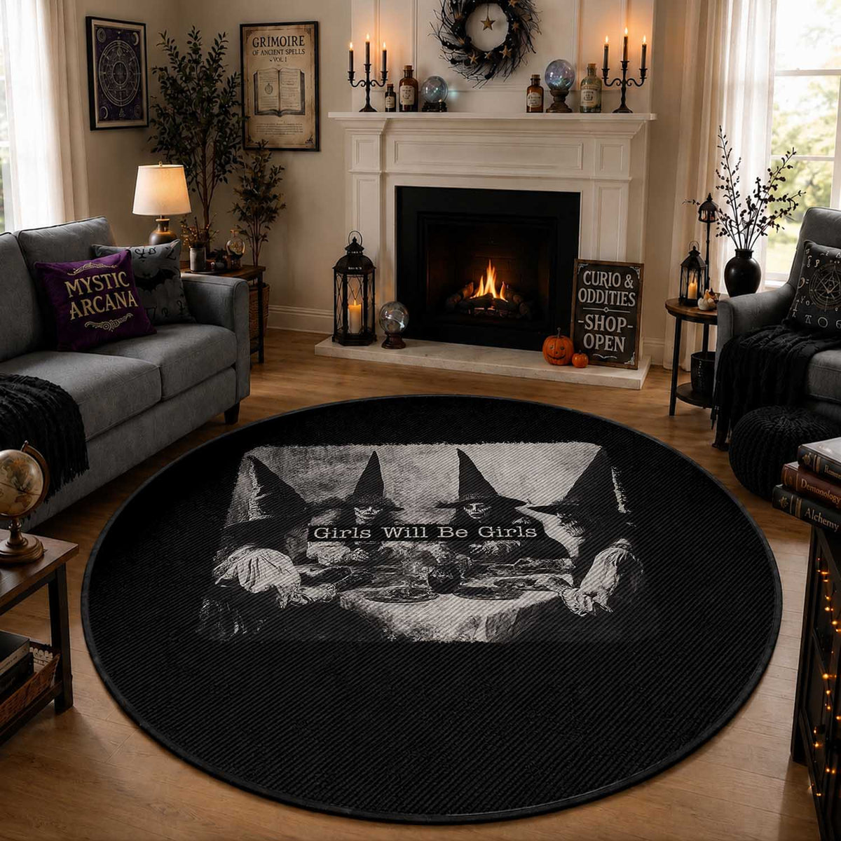 Funny Witch Girls Will Be Girls Round Rug Feminist Halloween