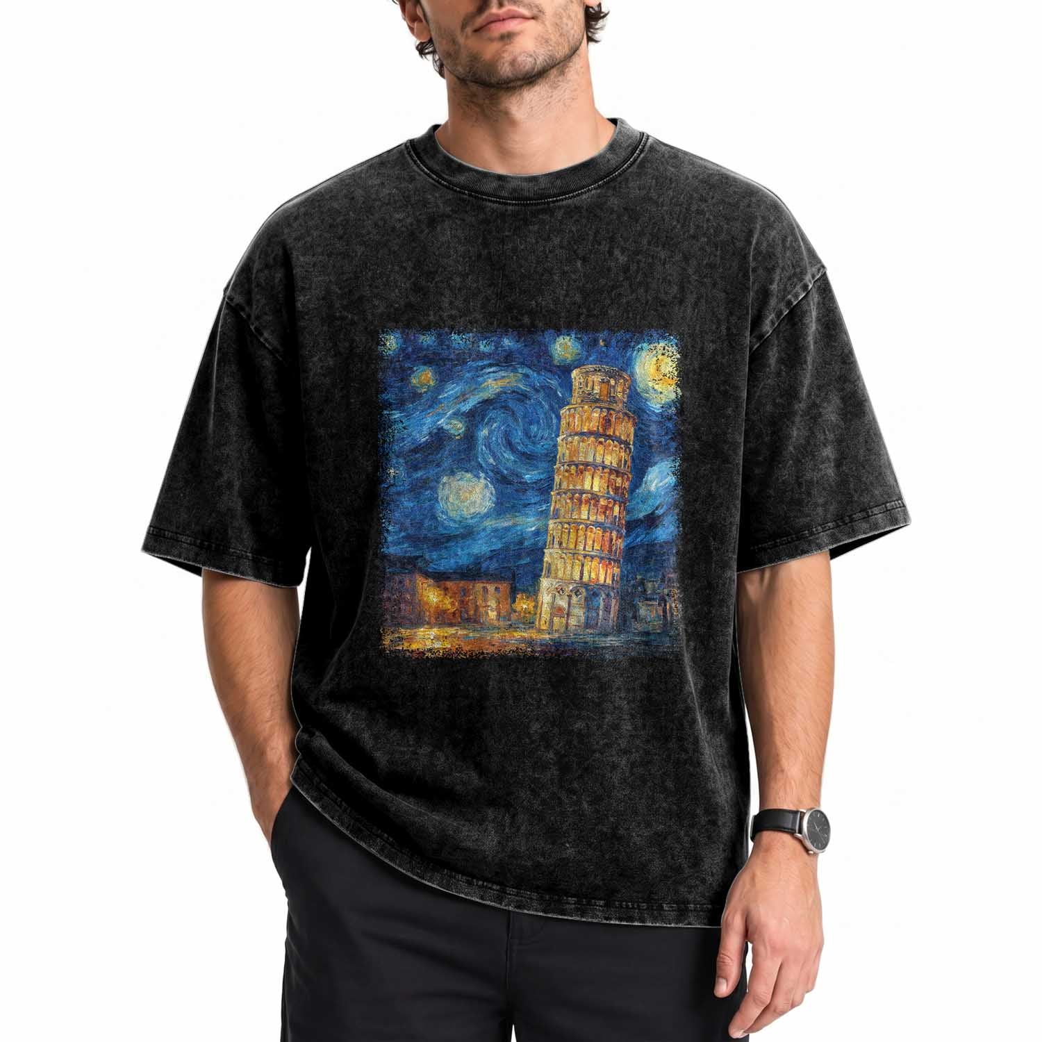Italy Pisa Tower Starry Night Italian Rome Tourists Washed Cotton T-Shirt