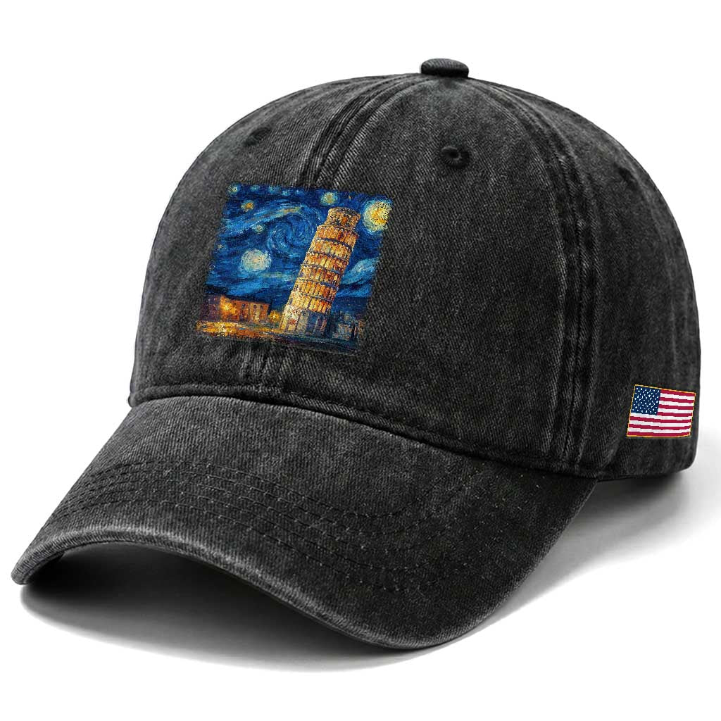 Italy Pisa Tower Starry Night Italian Rome Tourists Washed Cotton Baseball Cap