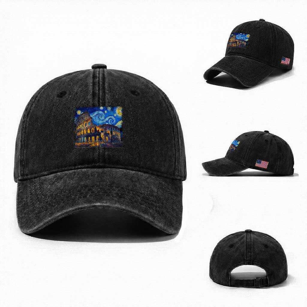 Italy Rome Colosseum Starry Night Roman Amphitheatre Ancient Washed Cotton Baseball Cap