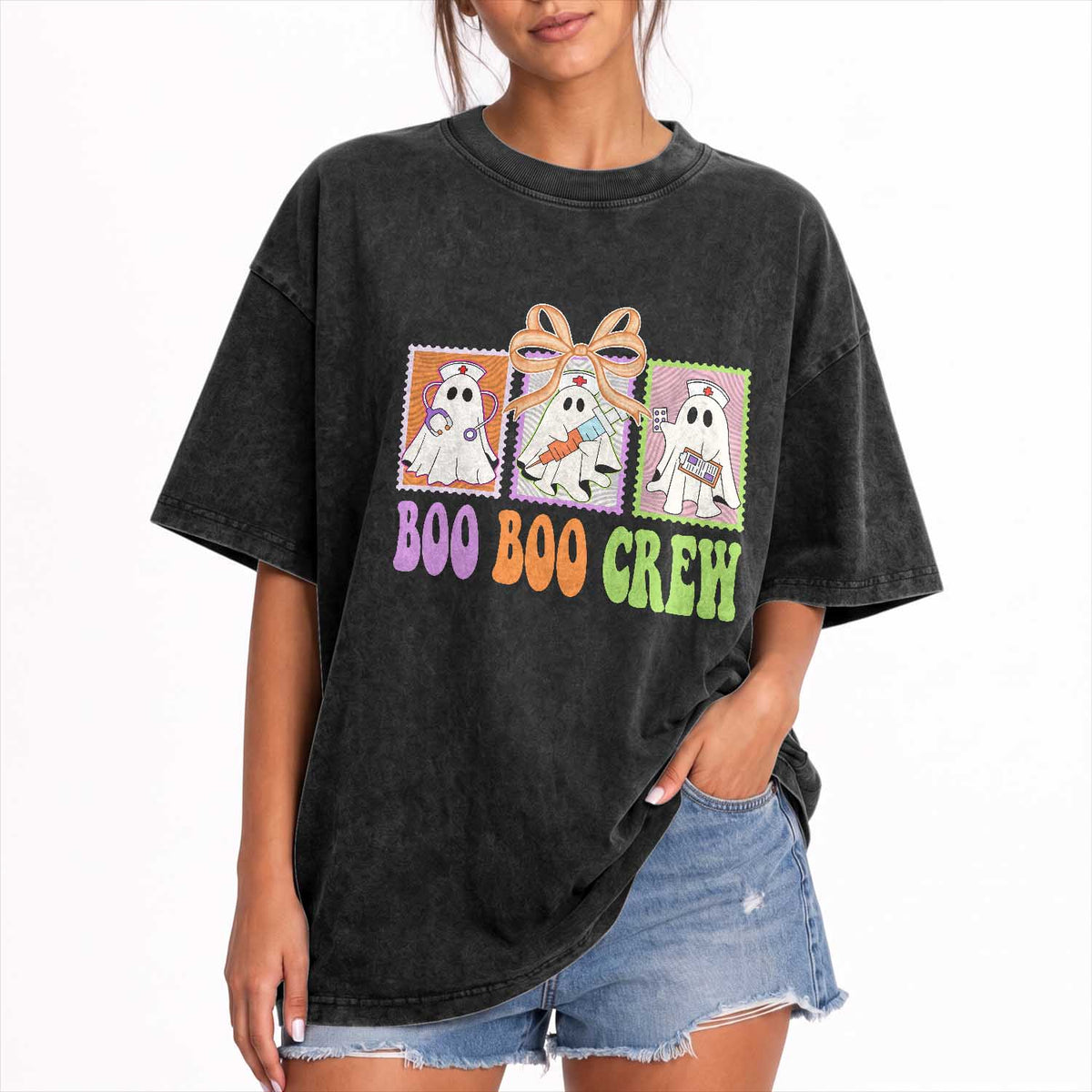Halloween Nurse Washed Cotton T-Shirt Boo Boo Crew Cute Spooky Ghost