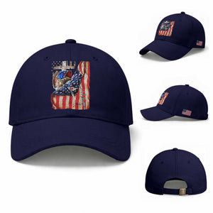Fisherman Christian Fishing Vintage American Flag Baseball Cap TS11 Baseball Cap Universal Fit Dark Blue Print Your Wear