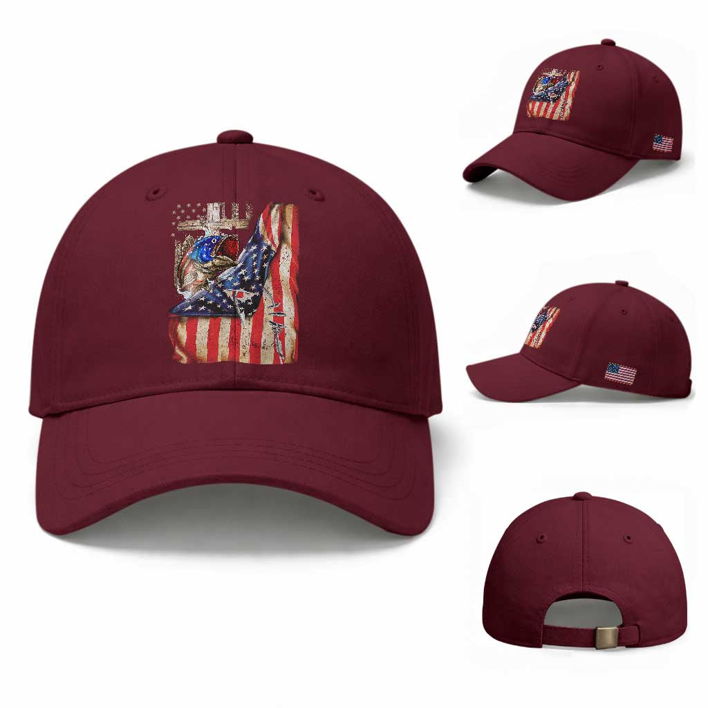 Fisherman Christian Fishing Vintage American Flag Baseball Cap TS11 Baseball Cap Universal Fit Maroon Print Your Wear