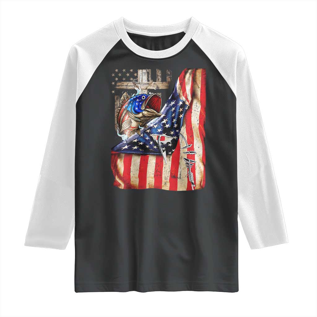 Fisherman Christian Fishing Vintage American Flag Raglan Shirt TS11 Black White Print Your Wear