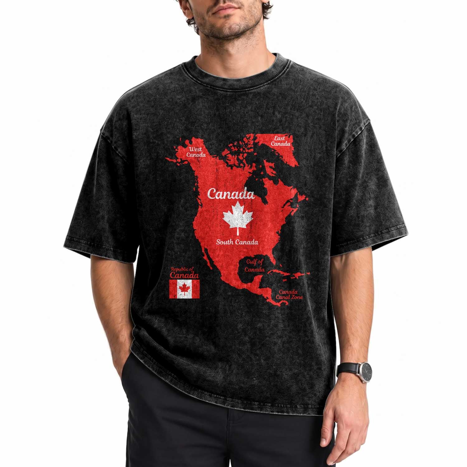 Funny All Canada Territory Map Washed Cotton T-Shirt Canadian Pride Patriotic Vintage Maple Leaf