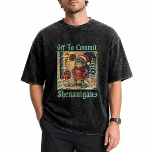Off To Commit Shenanigans Funny Christmas Frog Knight Washed Cotton T-Shirt