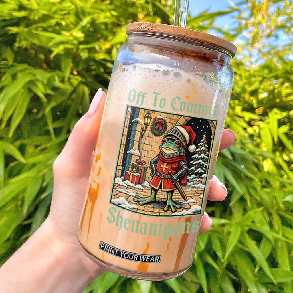 Off To Commit Shenanigans Funny Christmas Frog Knight Glass Can
