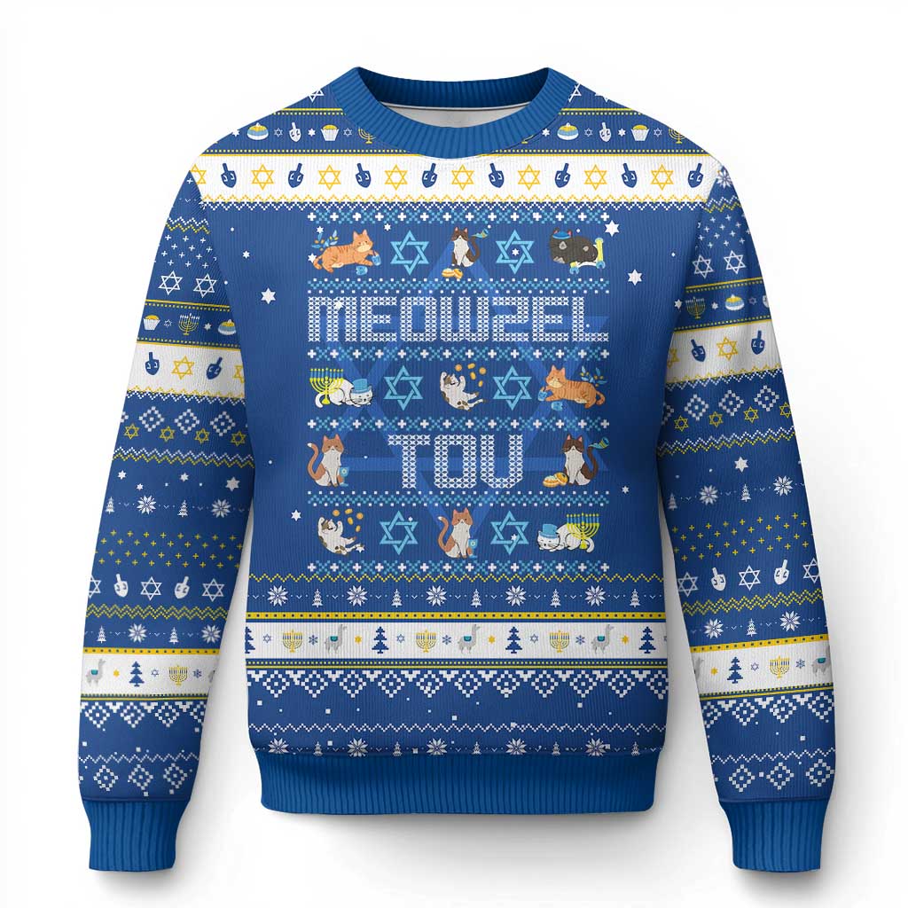 Funny Chanukah Cats Hanukkah Ugly Sweater Meowzel Tov Chanukah Menorah David Stars TS11 Blue White Print Your Wear