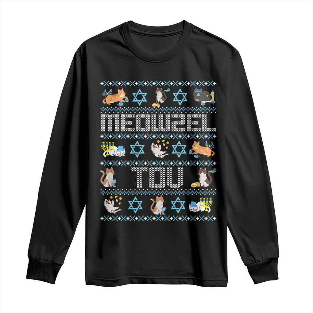 Funny Hanukkah Cats Long Sleeve Shirt Meowzel Tov Chanukah Menorah David Stars TS11 Black Print Your Wear