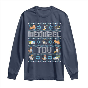 Funny Hanukkah Cats Long Sleeve Shirt Meowzel Tov Chanukah Menorah David Stars TS11 Navy Print Your Wear