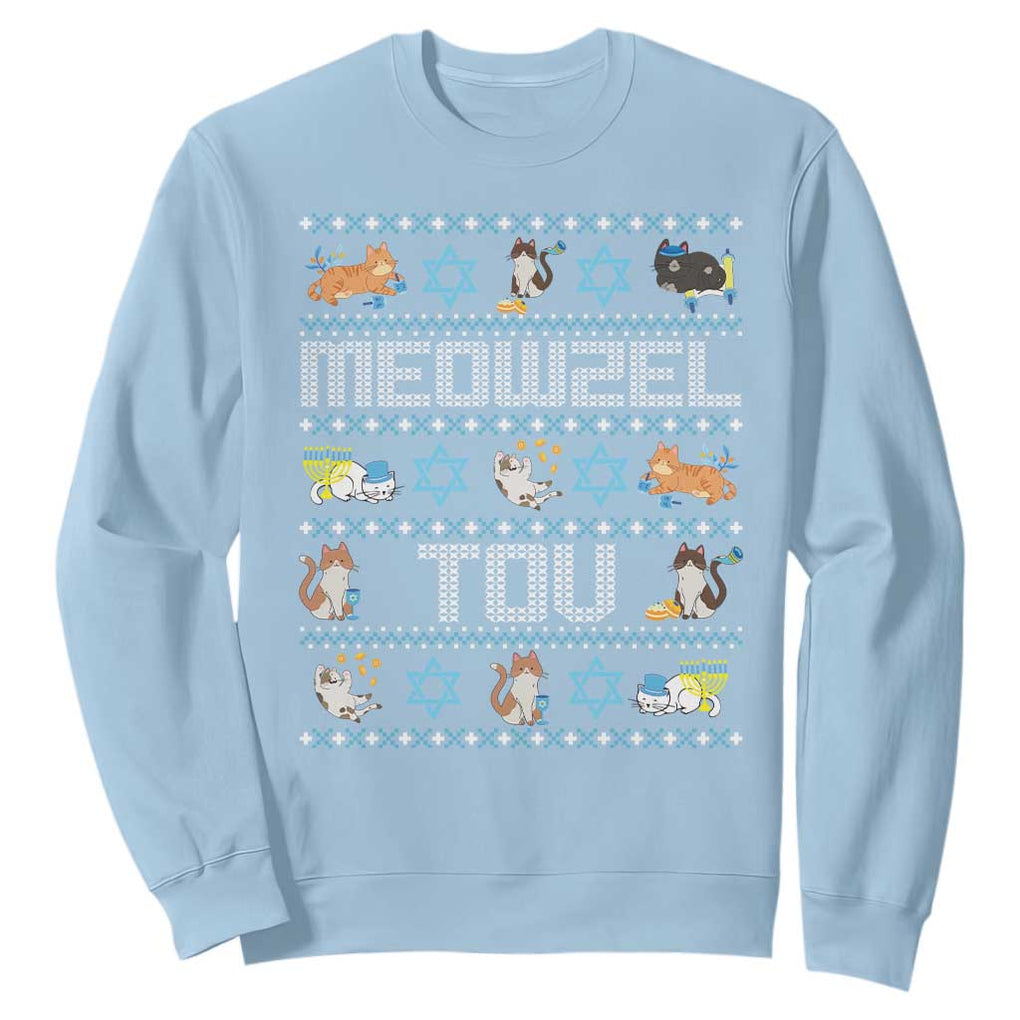 Funny Hanukkah Cats Sweatshirt Meowzel Tov Chanukah Menorah David Stars TS11 Light Blue Print Your Wear