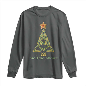 Irish Gaelic Christmas Nollaig Shona Long Sleeve Shirt Celtic Knot Christmas Tree TS11 Dark Heather Print Your Wear