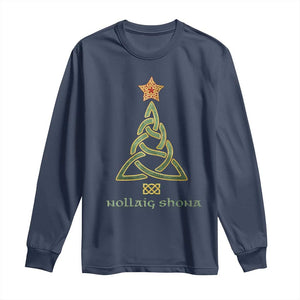 Irish Gaelic Christmas Nollaig Shona Long Sleeve Shirt Celtic Knot Christmas Tree TS11 Navy Print Your Wear