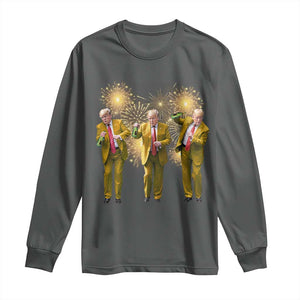 Funny Trump Dance Happy New Year 2025 Long Sleeve Shirt Fireworks TS11 Dark Heather Print Your Wear